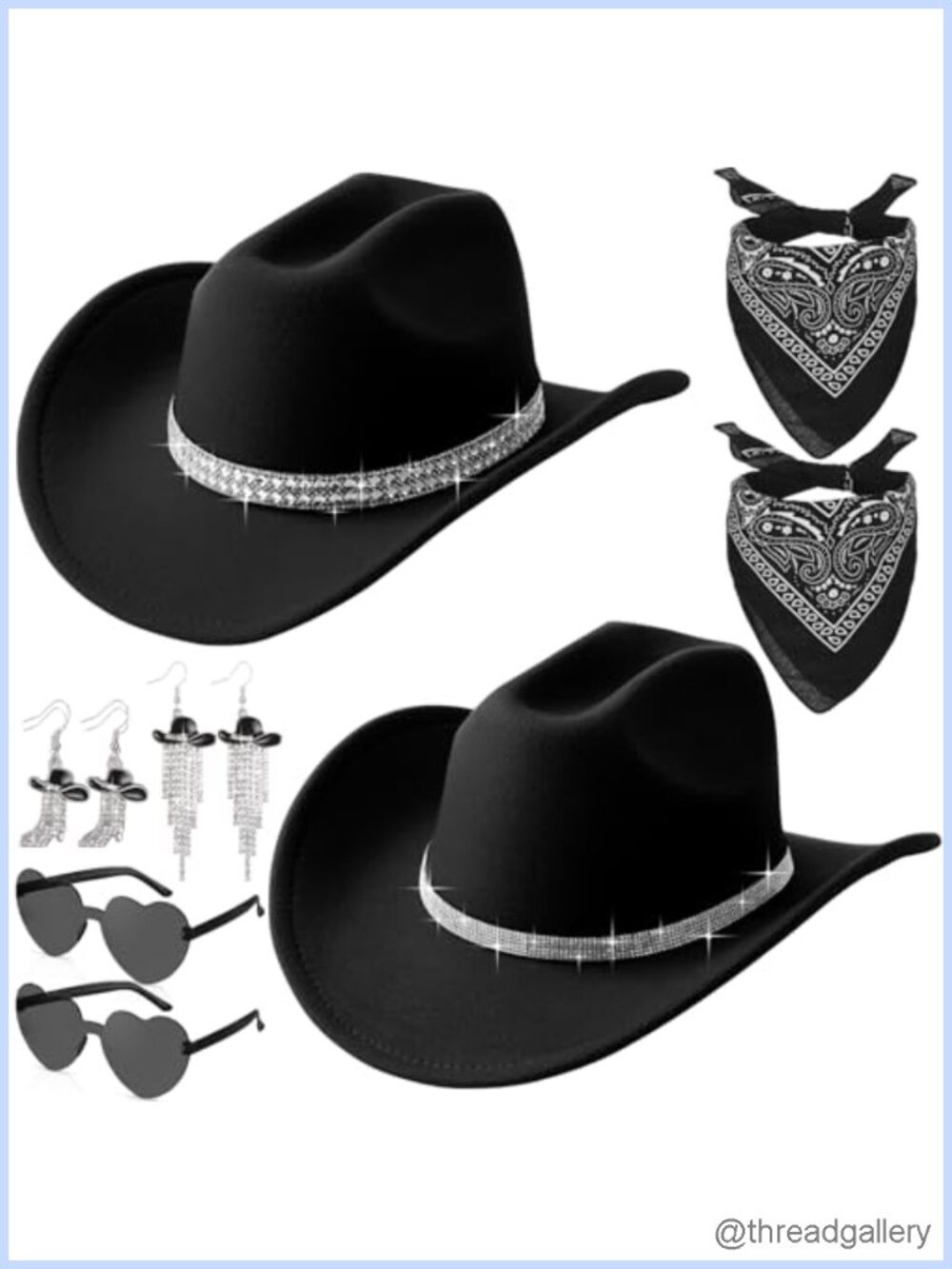 Rhinestone Cowboy Hat Set Wool Bandanas Earrings Sunglasses 8 Pc